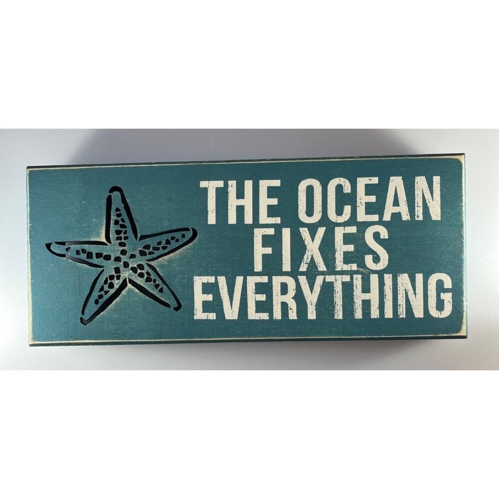 Rustic Water Blue Wooden Block Sign Starfish Cutout "The Ocean Fixes Everything"